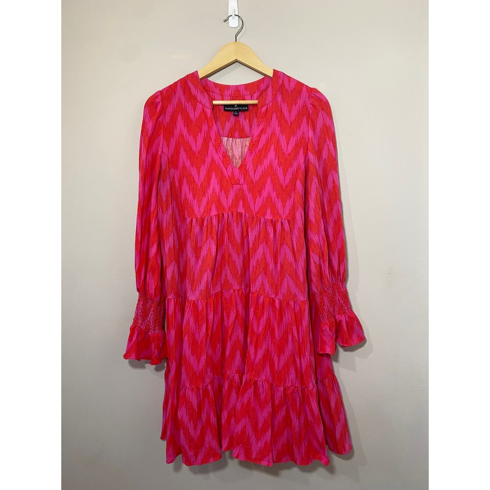 Tuckernuck Pomander Place Kenzo Dress LARGE Pink Red Ikat Tiered Preppy Shift